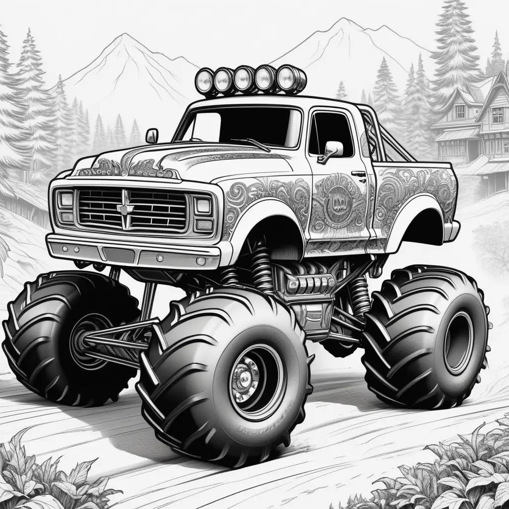 Colorful monster truck in a black and white illustration