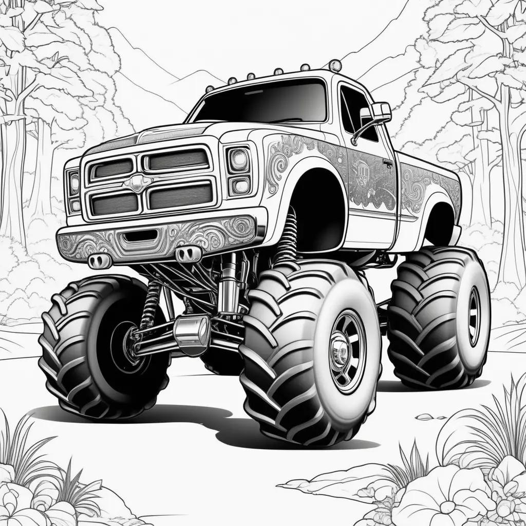 Colorful monster truck in forest and mountains