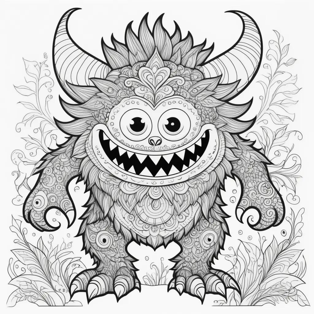 Colorful monster with horns and big eyes on coloring page