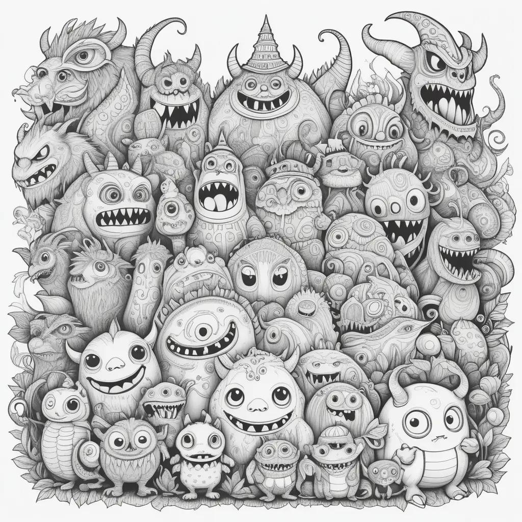 Colorful monsters in a monochrome drawing