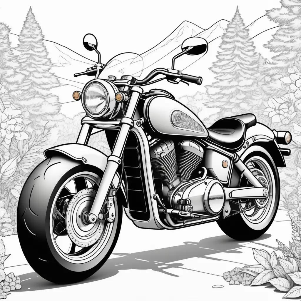 Colorful motorbike coloring page with trees and mountains