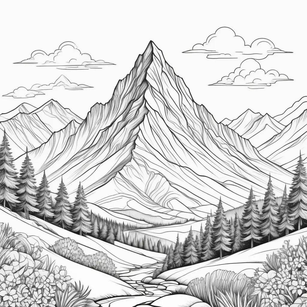 Colorful mountain coloring pages with snowy peaks and pine trees