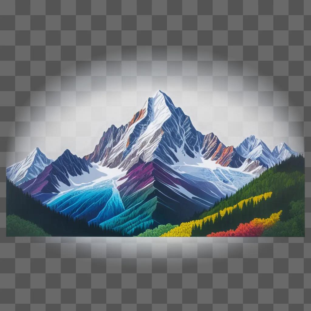 Colorful mountain drawing with a light shining on it