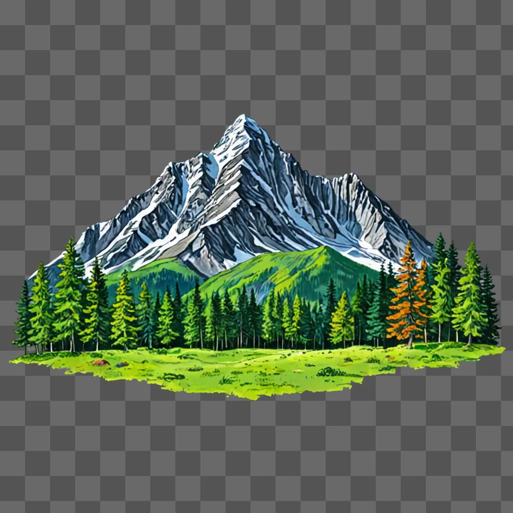 Colorful mountain drawing with trees and grass