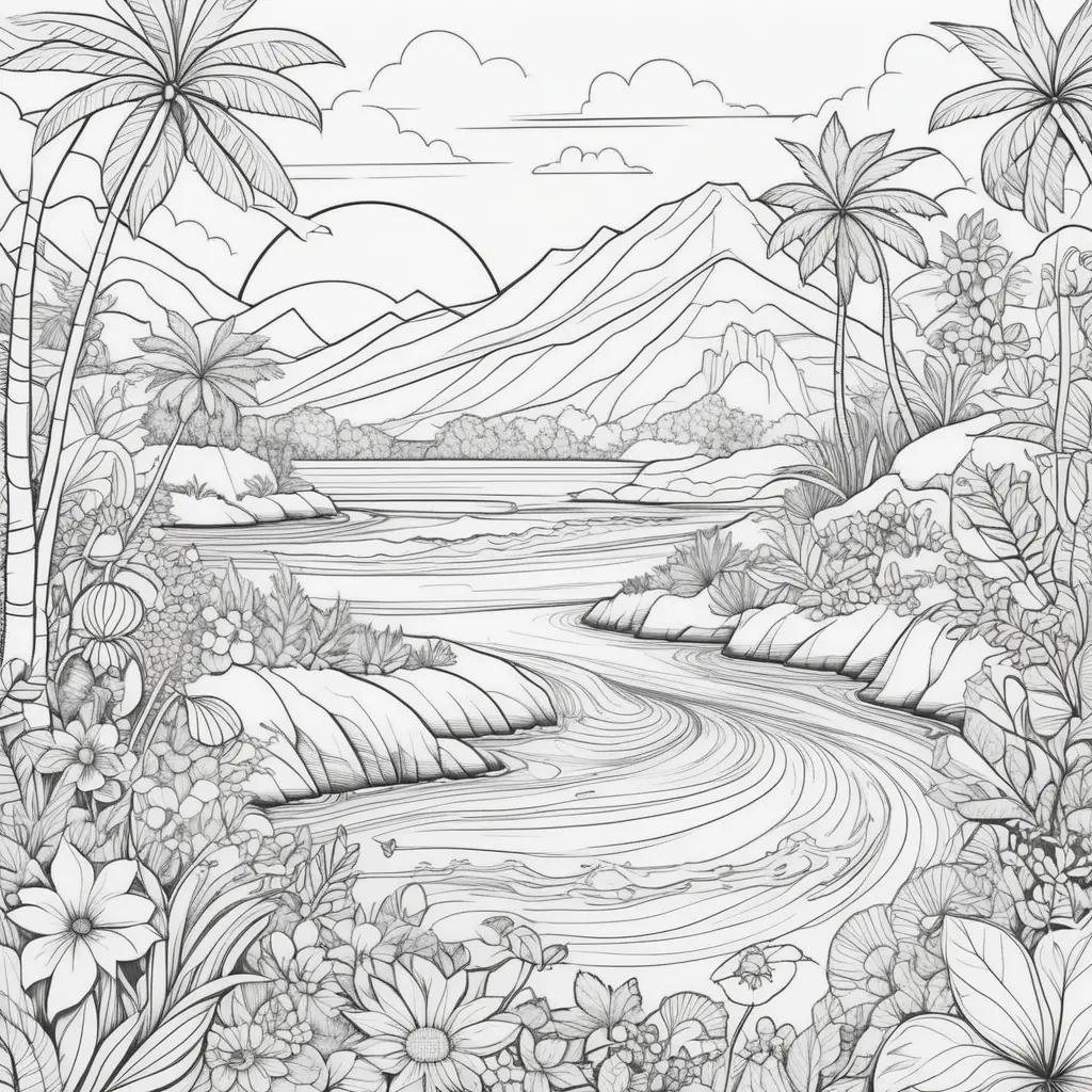 山、花、川のあるカラフルな自然のシーン