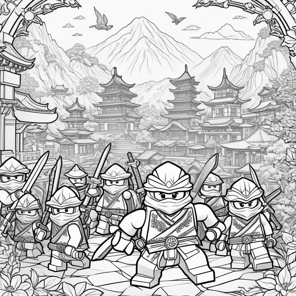 Colorful ninja pages with swords and buildings