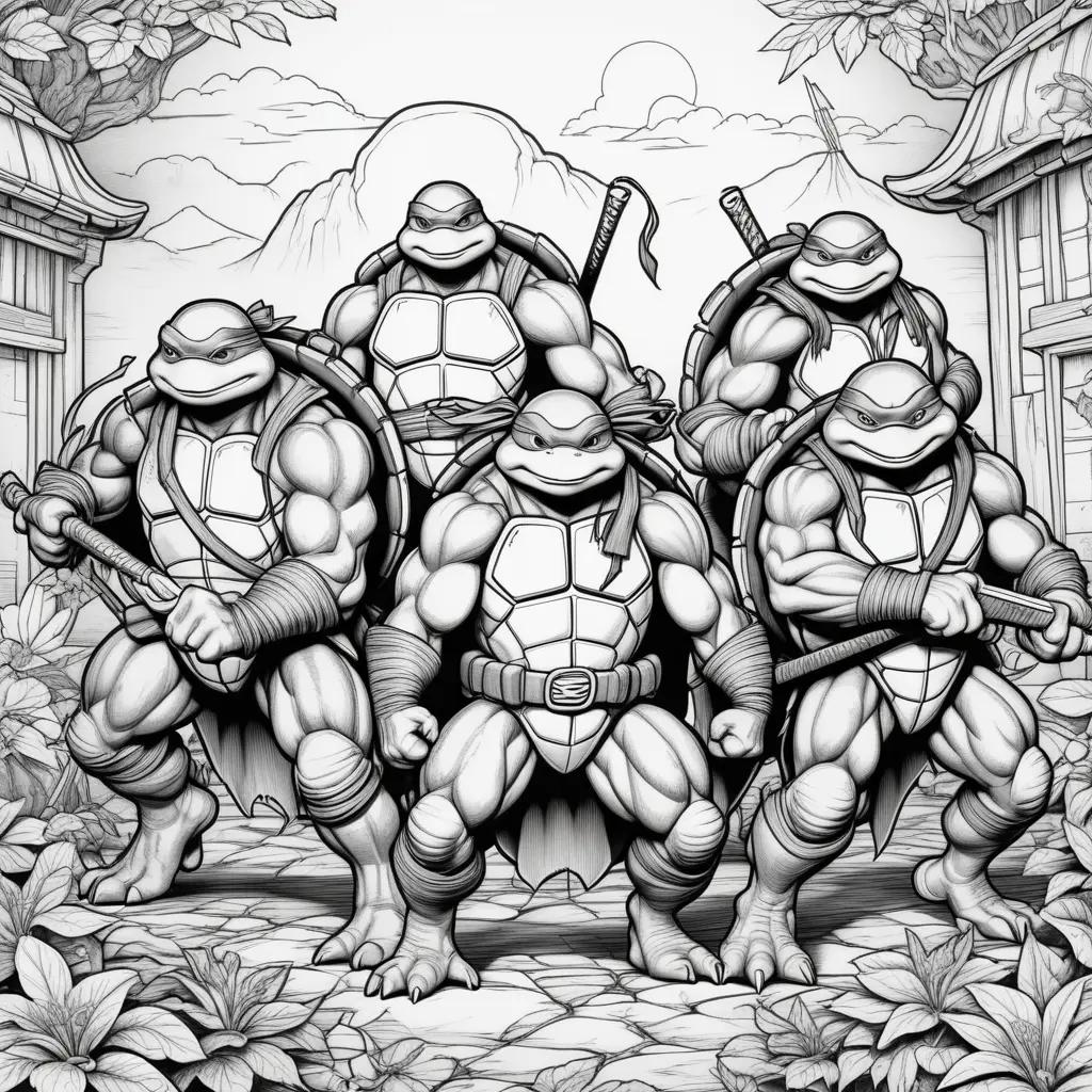 Colorful ninja turtles with swords and masks