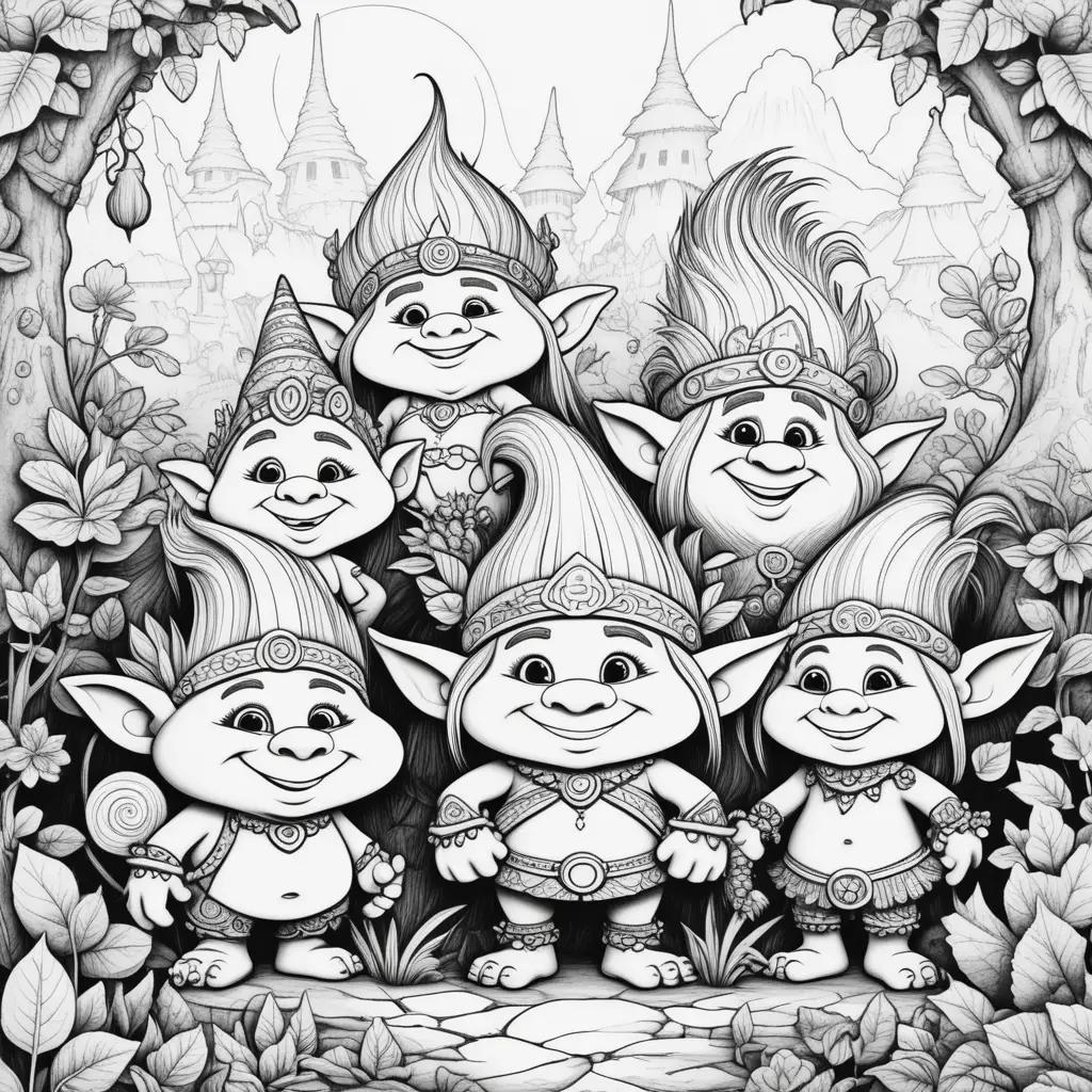 Colorful pages of trolls on a forest background