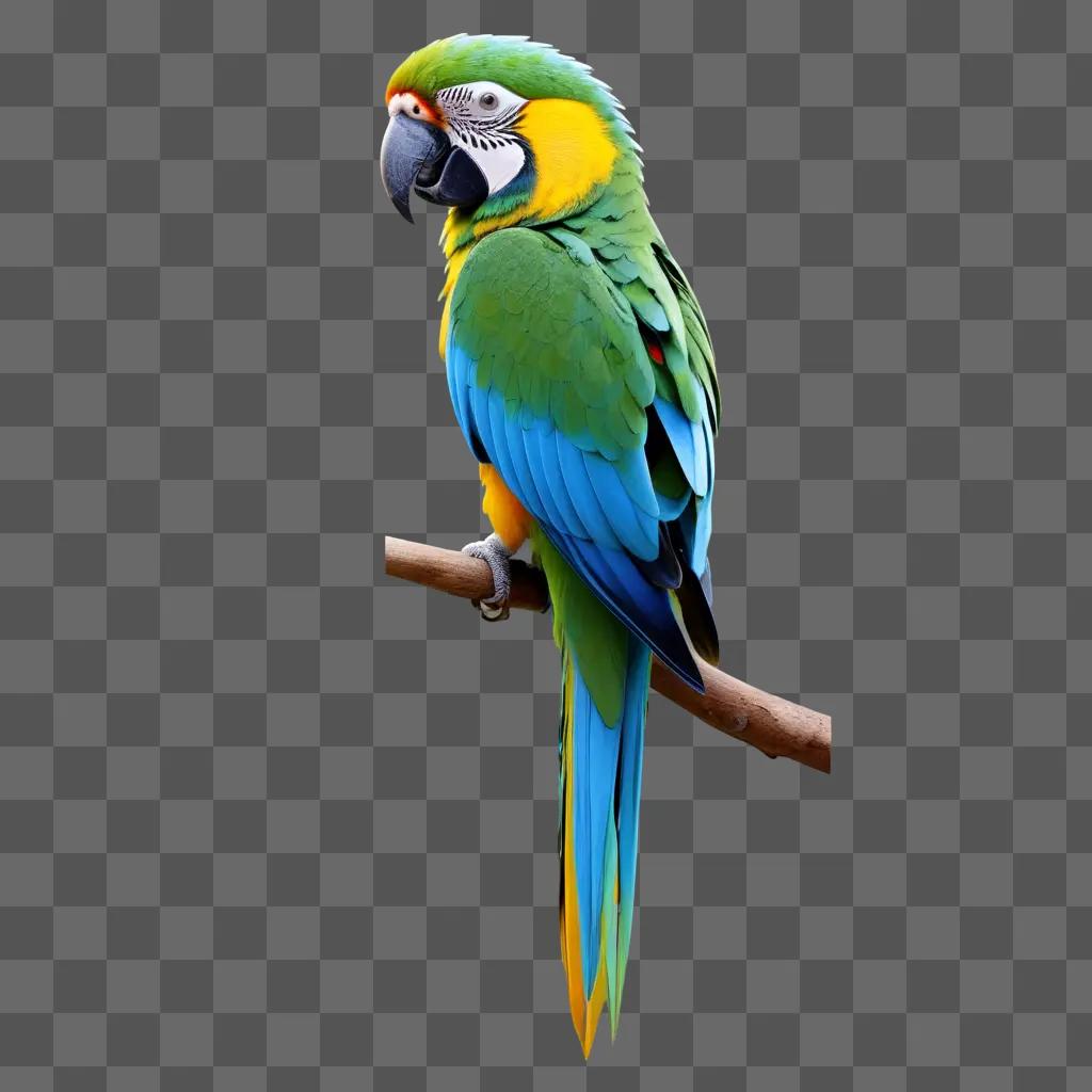 Colorful parrot perches on branch against green background