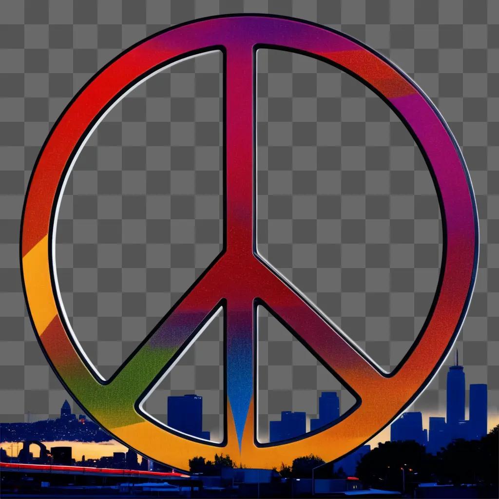 Colorful peace sign with city skyline in the background