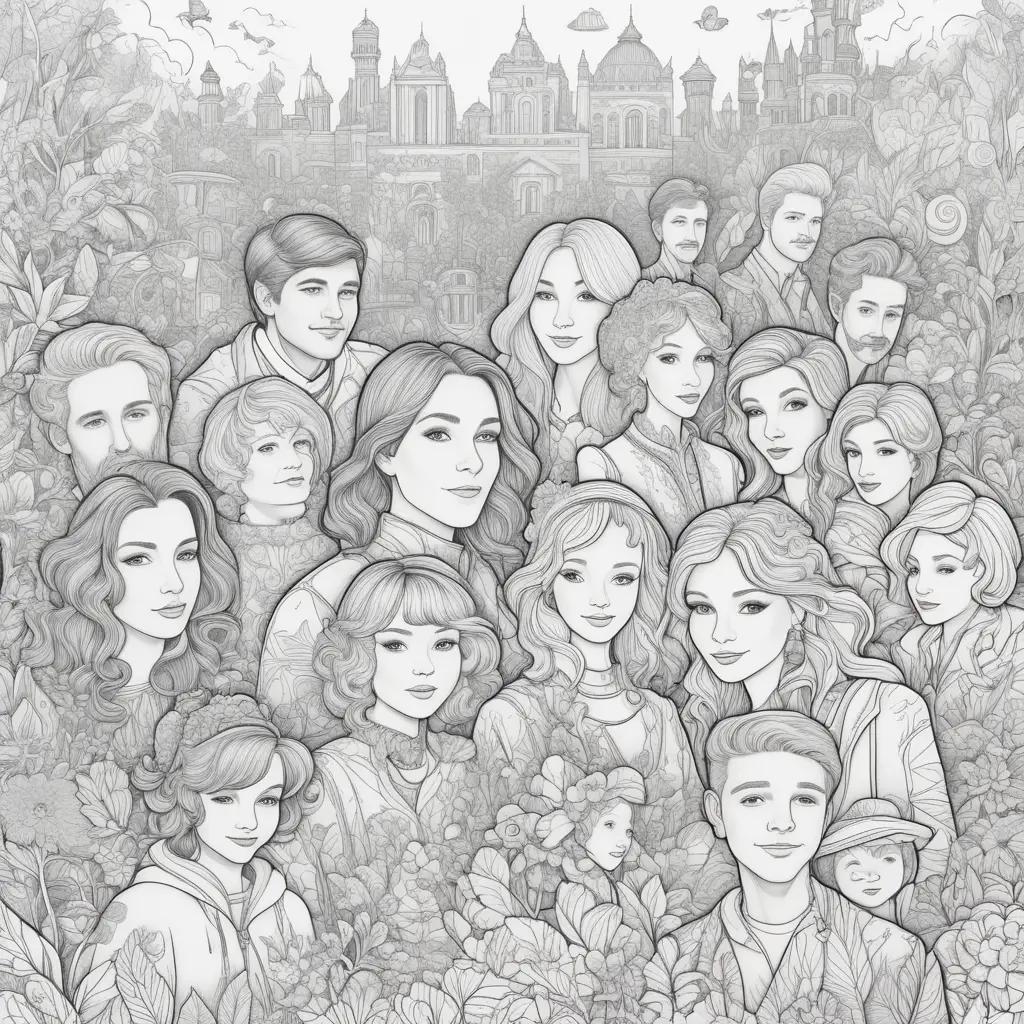 Colorful people in a black and white drawing