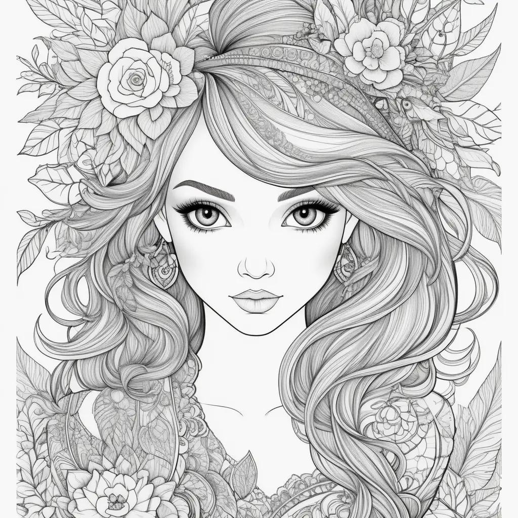 Colorful people with flowers and leaves in a coloring book