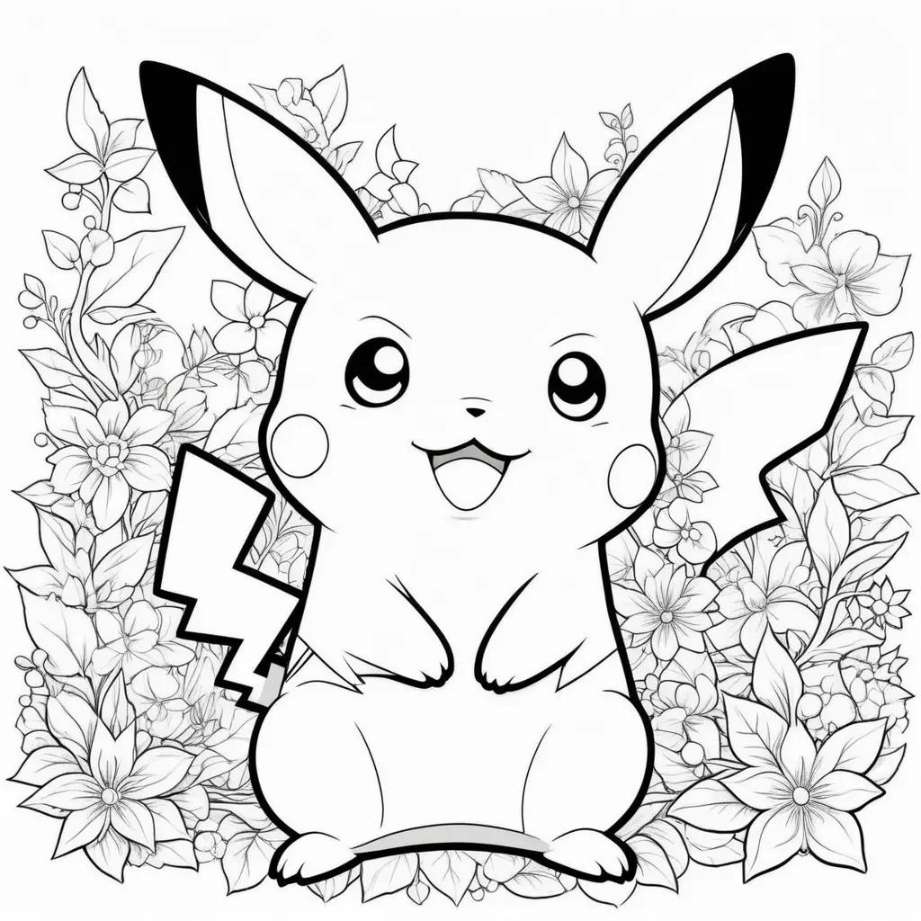 Colorful pikachu coloring pages with flowers