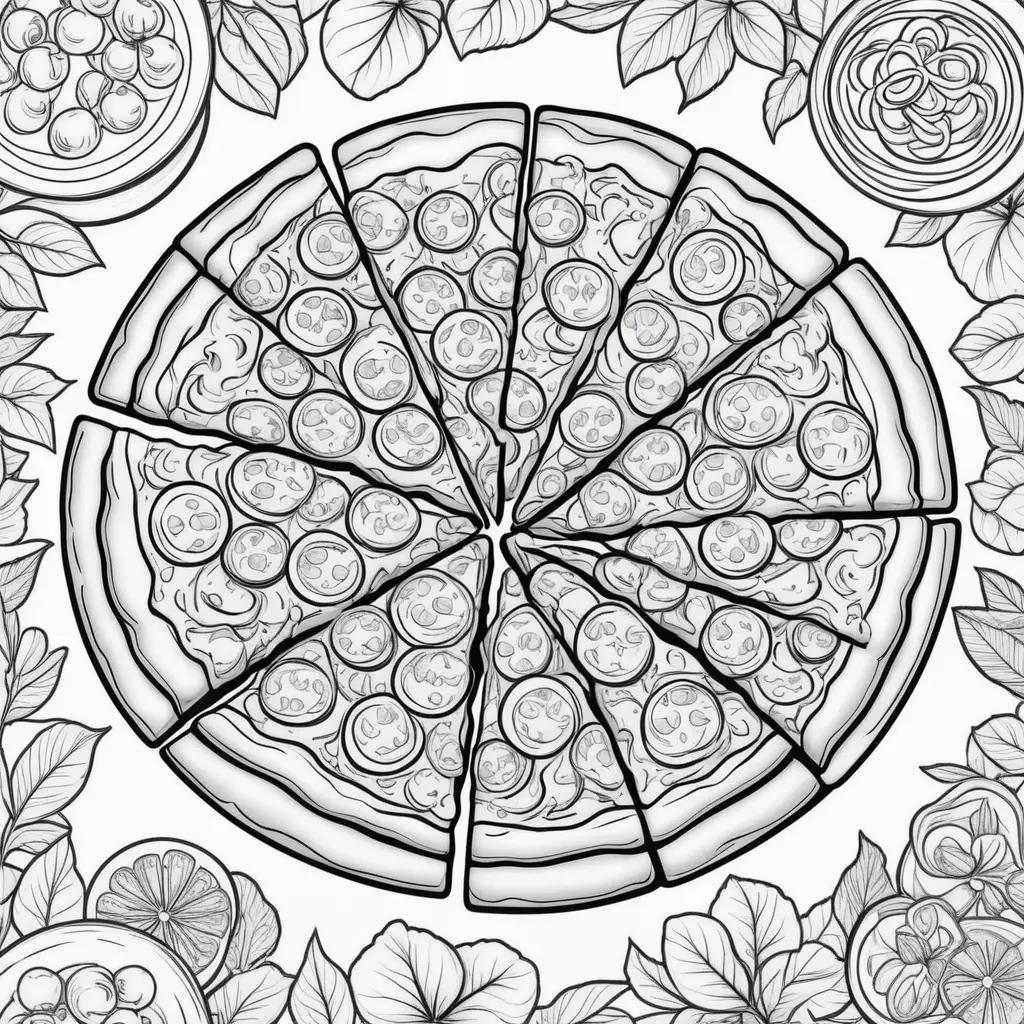 Colorful pizza coloring page with sliced pieces