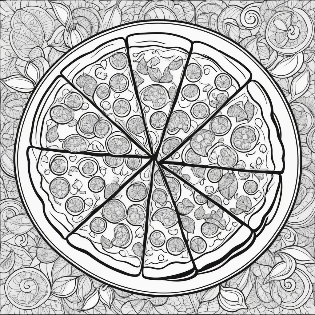 Colorful pizza coloring page with toppings