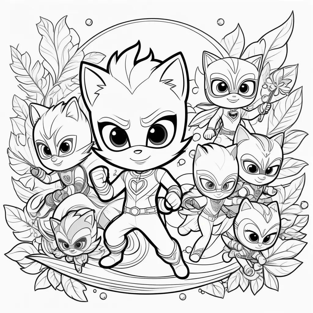 Colorful pj masks coloring page with cats and leaves