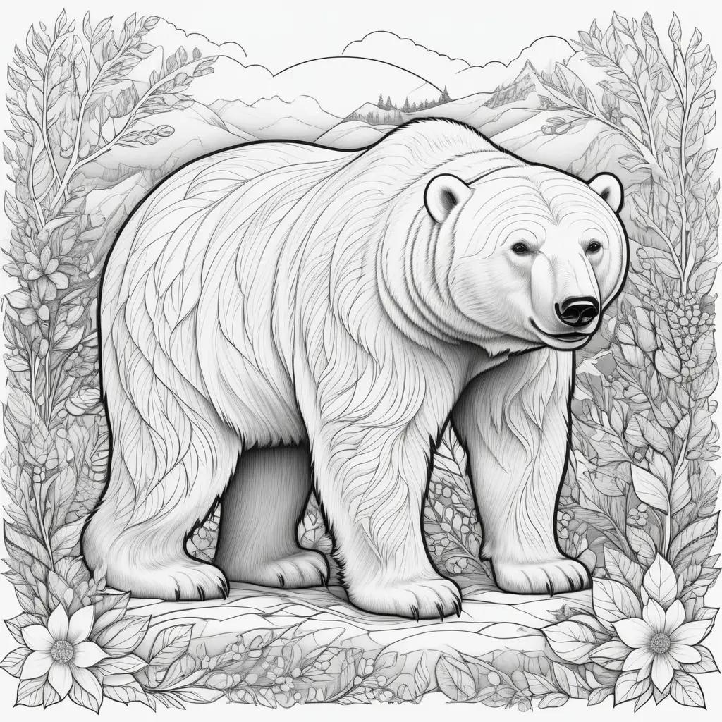 Colorful polar bear coloring pages with mountain and flowers