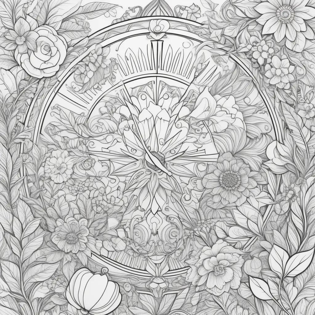 Colorful pre-k coloring pages featuring a clock and flowers