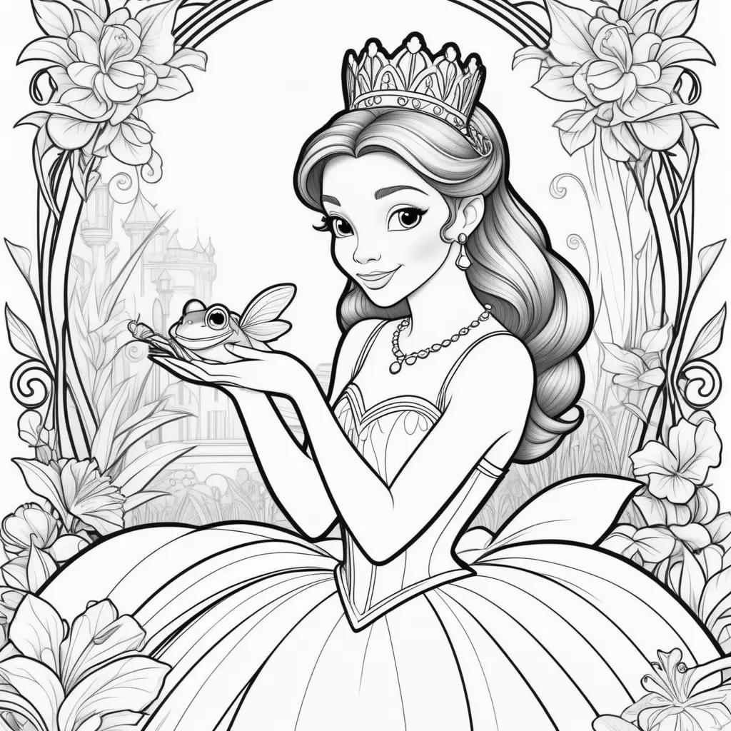 Colorful princess and the frog coloring pages with princess