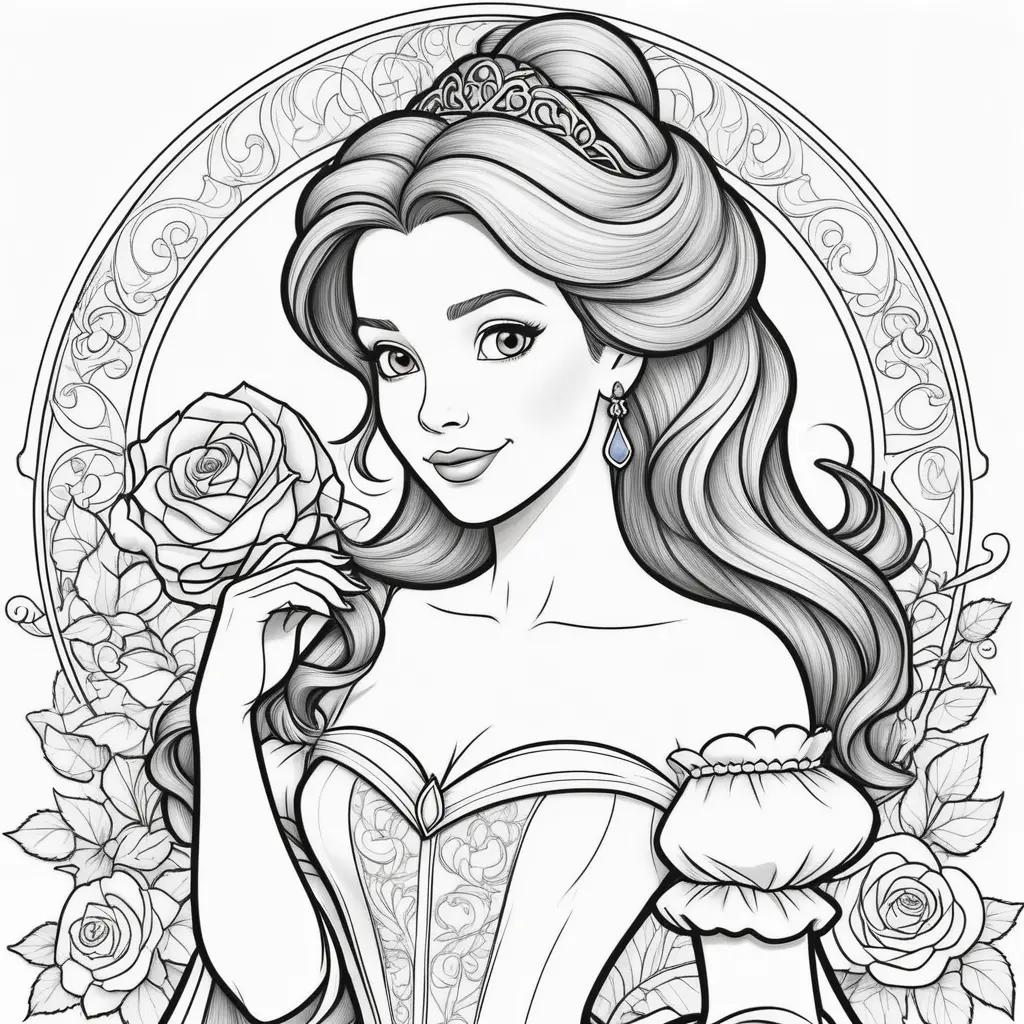 Colorful princess belle coloring pages with roses