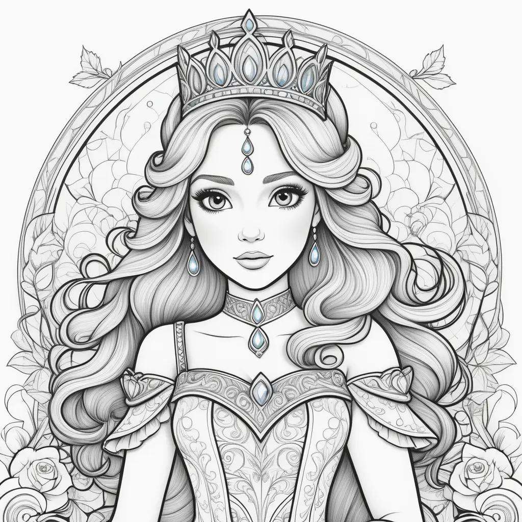 Colorful princess coloring page with crown and flowers