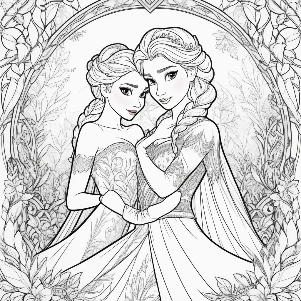 Colorful princess coloring pages of Elsa and Anna