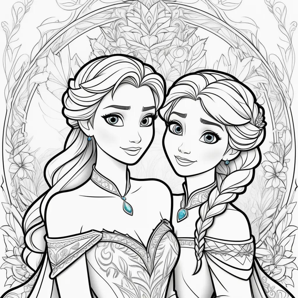 Colorful princess coloring pages of Elsa and Anna