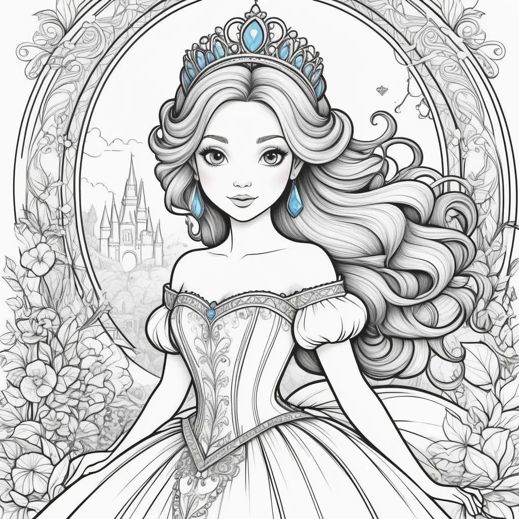 Colorful princess coloring pages with a castle and flowers