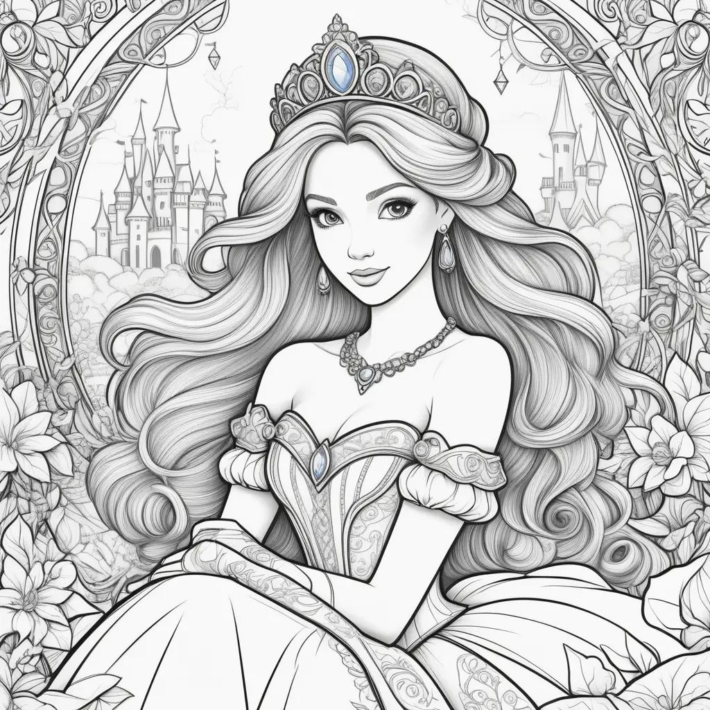 Colorful princess coloring pages with a castle and flowers