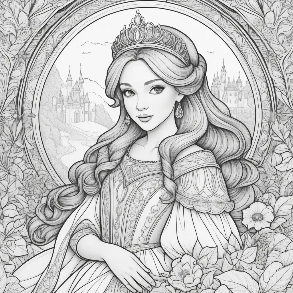 Colorful princess coloring pages with a crown and castle