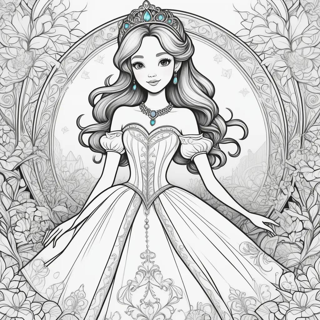 Colorful princess coloring pages with a crown and necklace