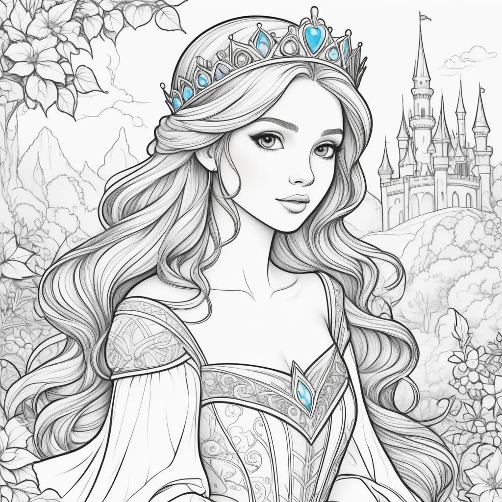 Colorful princess coloring pages with castle and flowers