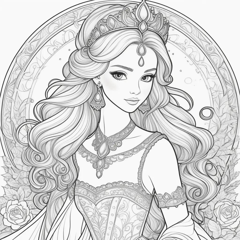 Colorful princess coloring pages with crowns and roses