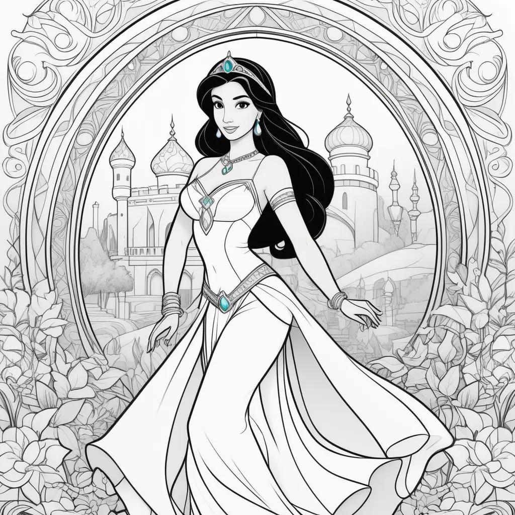 Colorful princess jasmine coloring page with a castle in the background