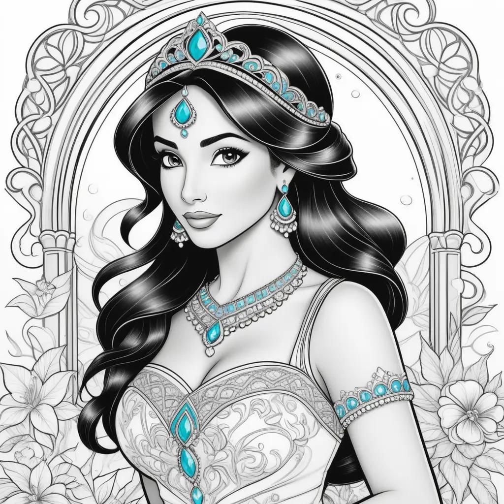 Colorful princess jasmine coloring pages with accessories