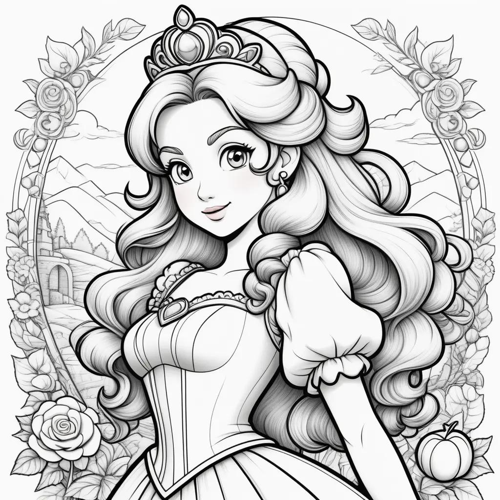 Colorful princess peach coloring page features a smiling girl and a pumpkin