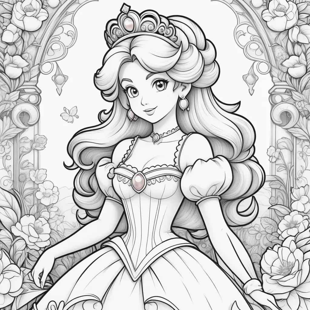 Colorful princess peach coloring pages featuring a beautiful princess