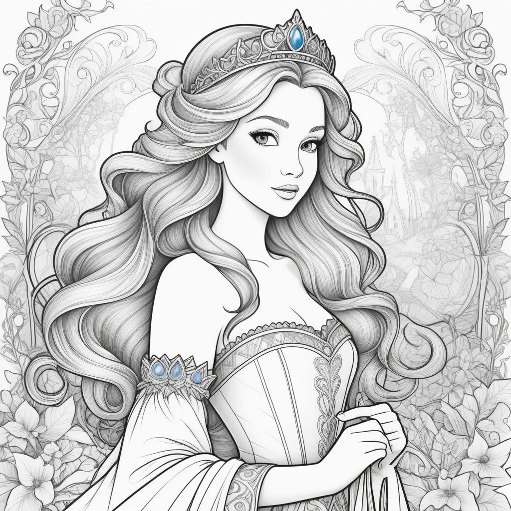 Colorful princesses in intricate designs on coloring pages