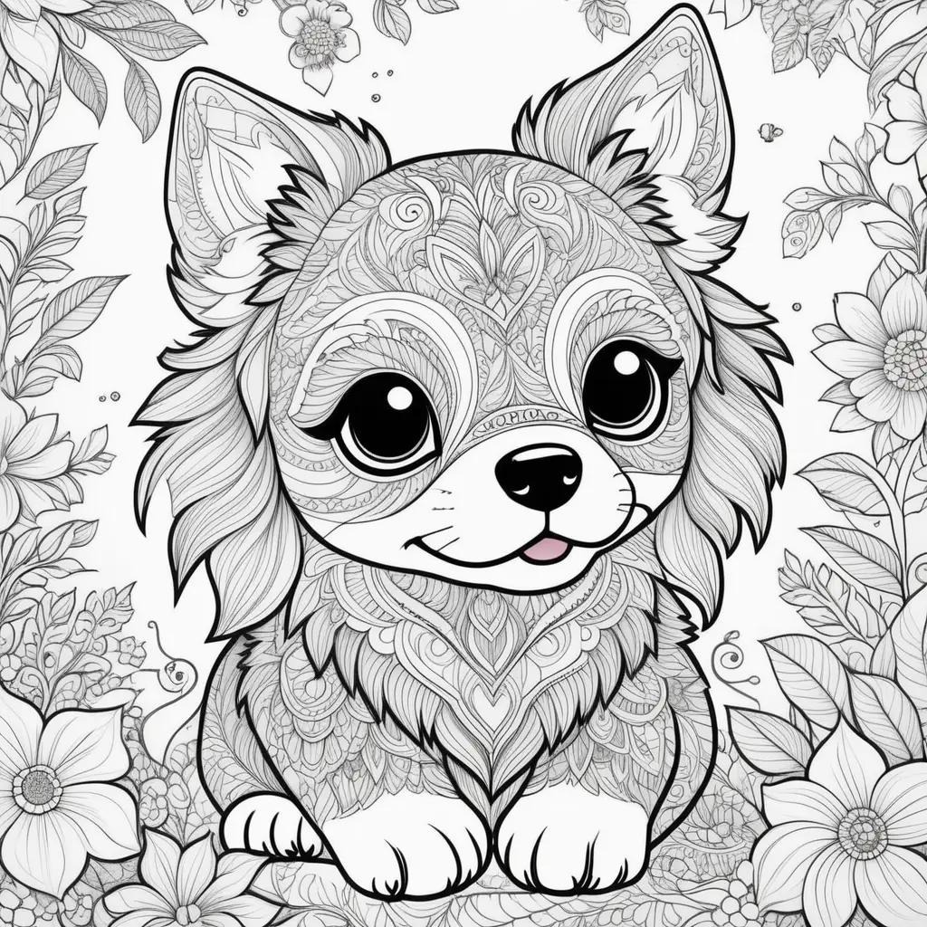 Colorful puppies and flowers in a doily pattern