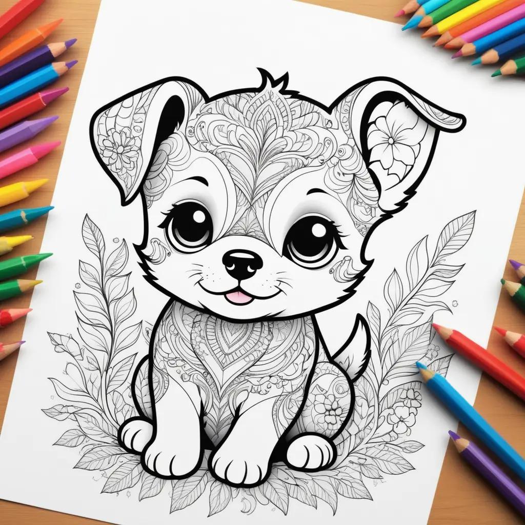 Colorful puppy coloring pages with flowers and colors