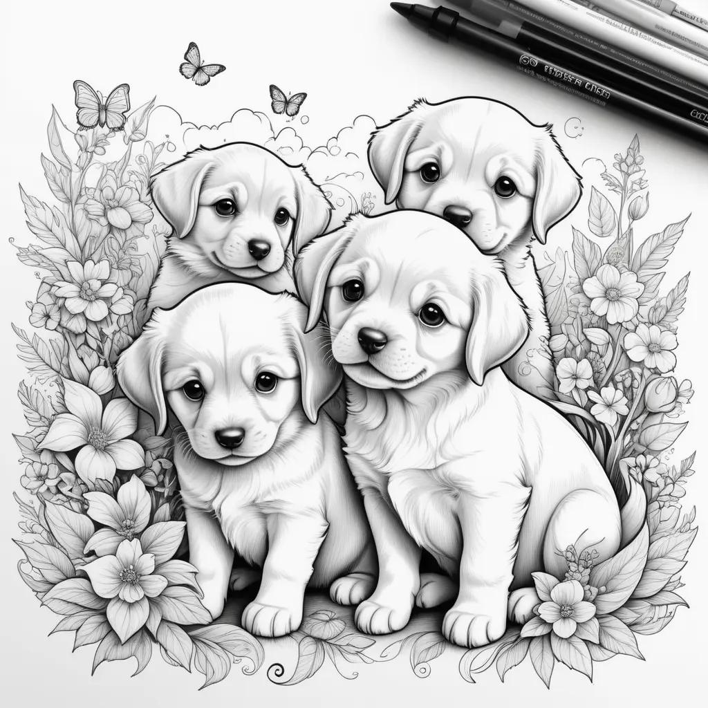 Colorful puppy illustrations with flowers and butterflies