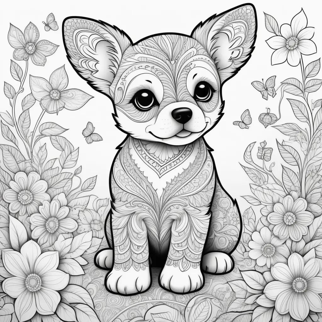 Colorful puppy in a floral setting on a coloring page