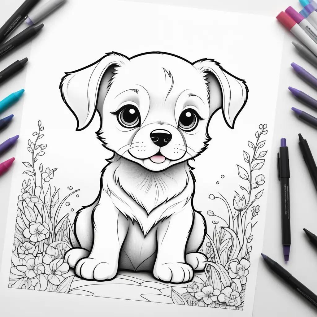 Colorful puppy sits in a field with flowers and other coloring pages