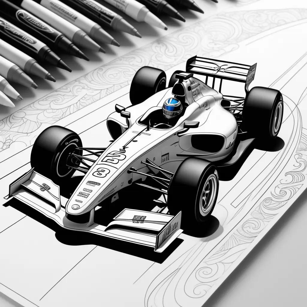 Colorful racing car coloring pages, featuring a black and white illustration