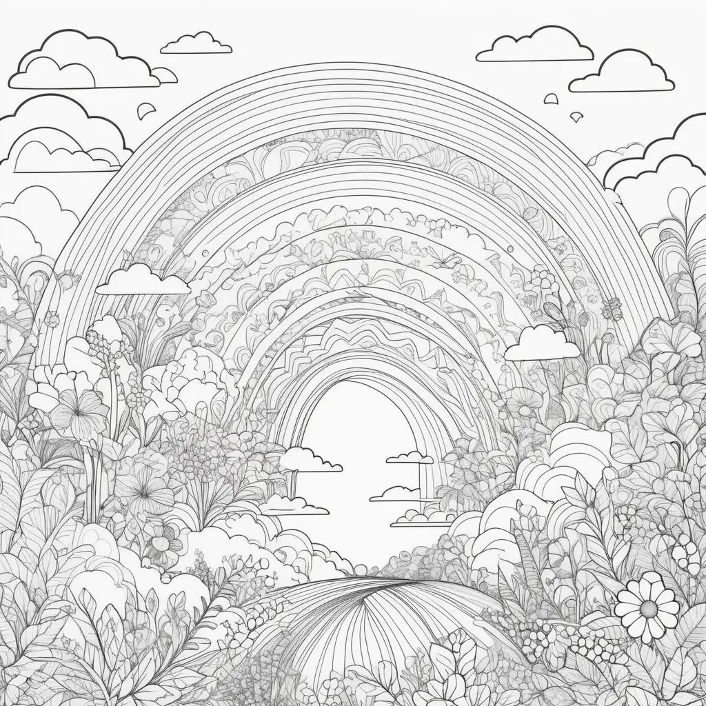 Colorful rainbow arches and clouds on a printable coloring page