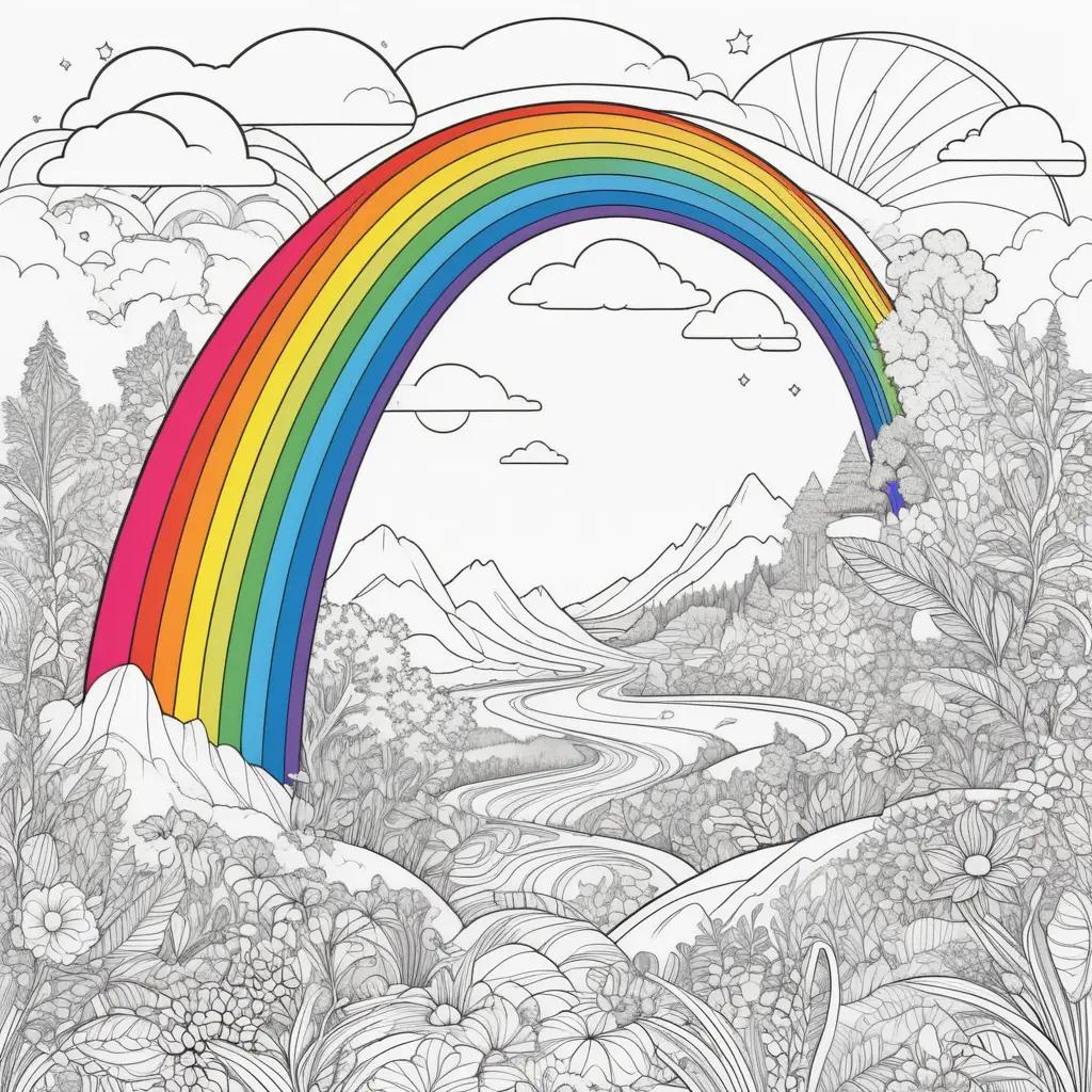 Colorful rainbow drawing on coloring page with trees and flowers