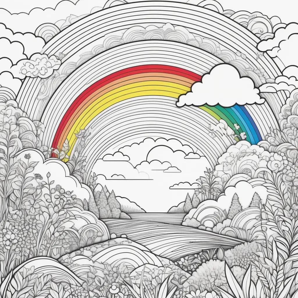 Colorful rainbow fills a coloring page with flowers and trees