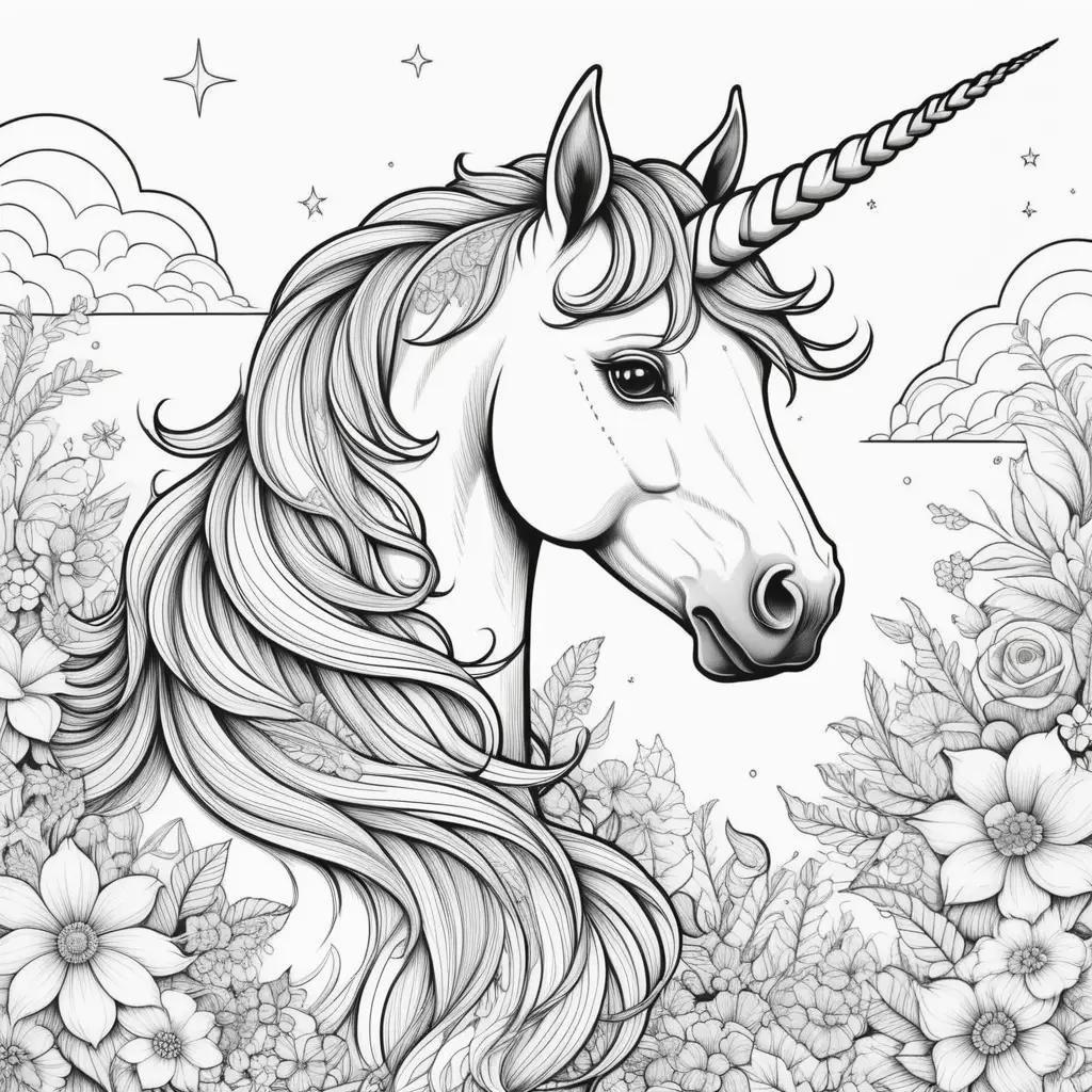 Colorful rainbow unicorn drawing in black and white