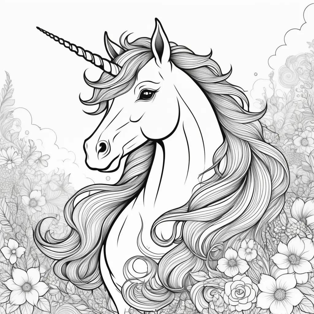 Colorful rainbow unicorn with floral background and flowers