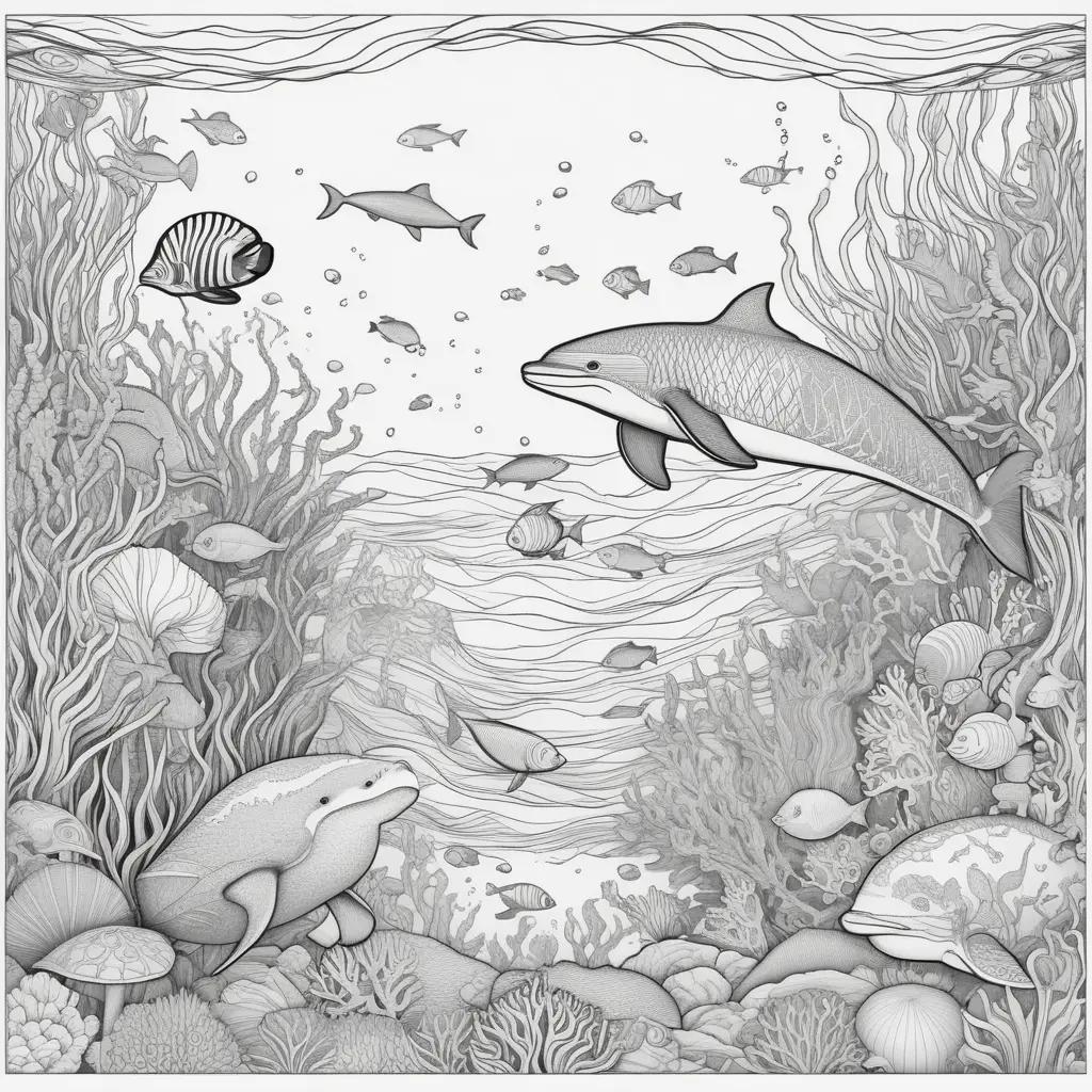 Colorful sea animals in a black and white coloring page